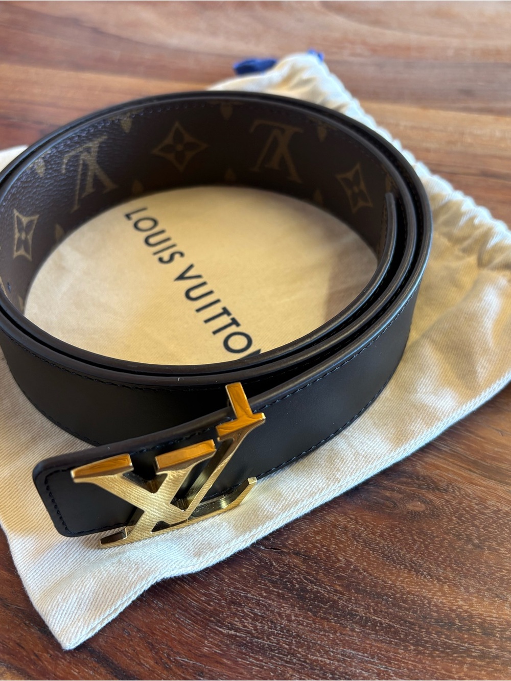Louis Vuitton Black Reversible Monogram Belt with Gold LV Buckle